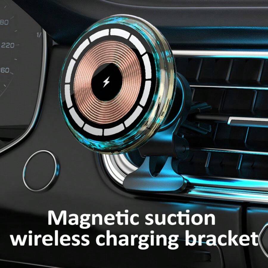 15W Magnetic Wireless Fast Charging Car Mount With Active Absorption And Quick Charge Function, Compatible With Apple Smartphone, RGB Light, Wireless Charger For Car - Blue - View 1