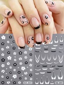 2 piezas de pegatinas para uñas en blanco y negro con diseño de línea francesa de flores y diamantes de imitación 3D, calcomanías de franjas oblicuas creativas de decoración geométrica para consejos de manicura de bricolaje - Multicolor - Ver 1