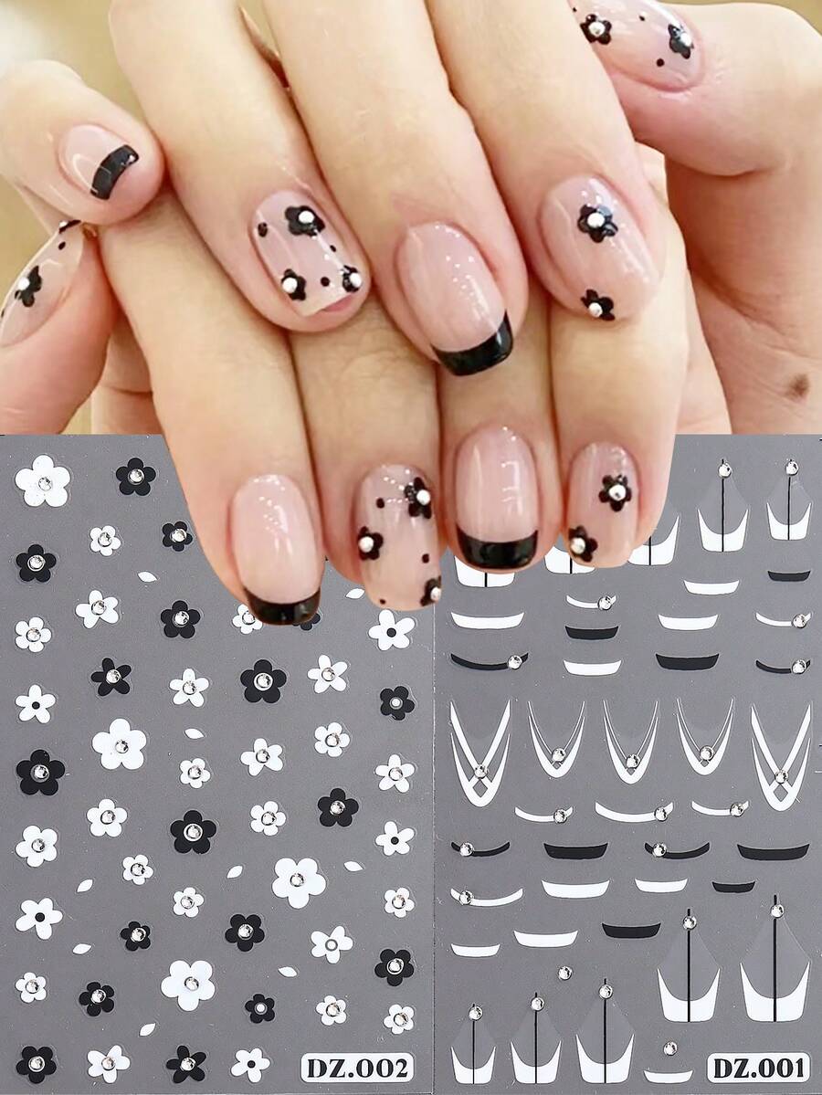 2 piezas de pegatinas para uñas en blanco y negro con diseño de línea francesa de flores y diamantes de imitación 3D, calcomanías de franjas oblicuas creativas de decoración geométrica para consejos de manicura de bricolaje - Multicolor - Ver 1