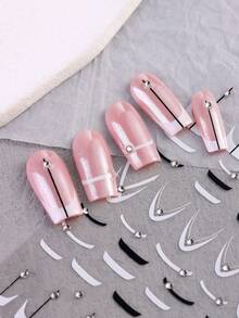 2 piezas de pegatinas para uñas en blanco y negro con diseño de línea francesa de flores y diamantes de imitación 3D, calcomanías de franjas oblicuas creativas de decoración geométrica para consejos de manicura de bricolaje - Multicolor - Ver 7