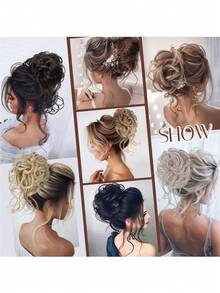 Pieza de cabello para moño desordenado con recogido y mechones, extensión de moño elástico con banda de cabello, piezas de cabello ondulado y rizado con lazo de pelo envolvente para coleta, accesorios de cabello para mujeres, moda en fiestas - Multicolor - Ver 8