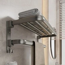 Suporte de toalha de banho dobrável duplo multifuncional com design de tubo plano, prateleira de armazenamento para roupas, roupões e toalhas de banho, adequado para armazenamento no banheiro - Preto - Visão 12