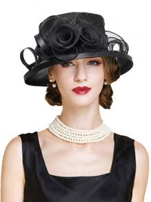 HIMESPORT Mũ nữ chủ đề Lễ hội đua ngựa Kentucky Derby, thích hợp cho các bữa tiệc cocktail, đám cưới, tiệc trà chiều, được trang trí bằng chấm bi và hoa, vành rộng. - màu đặc - Xem 1