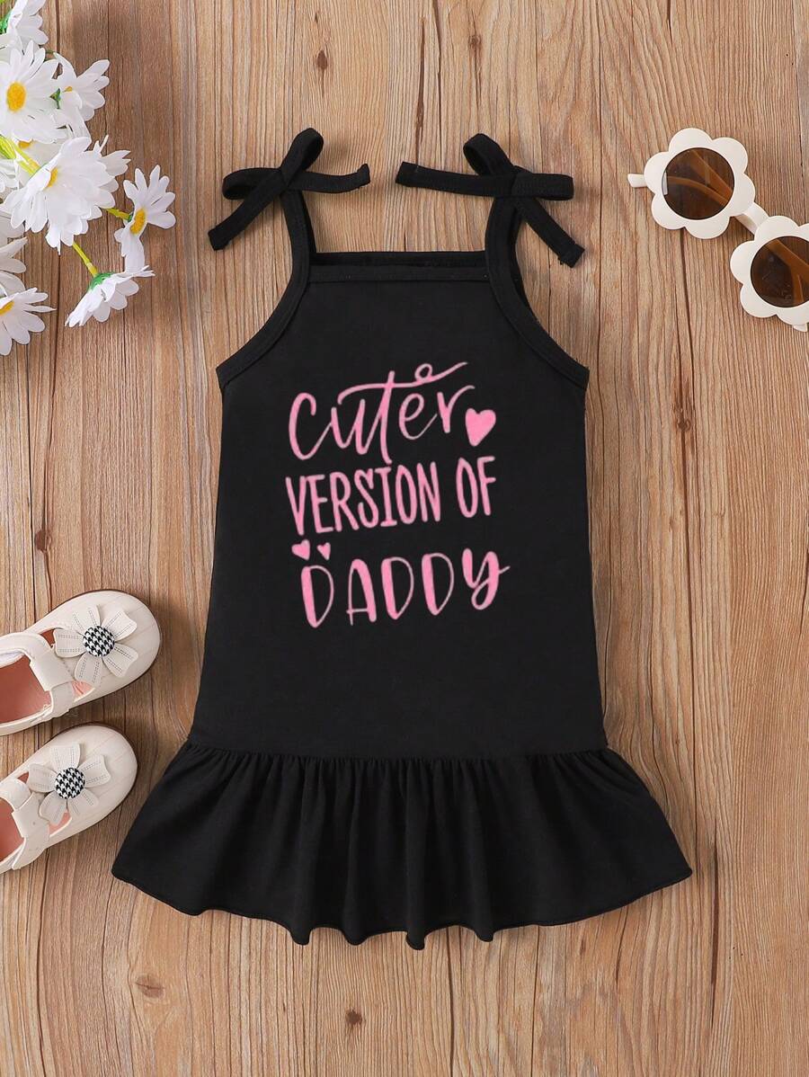 Fashionable And Minimalist Style Baby Girl's Letter Printed Suspenders Dress, Summer - Black - View 1