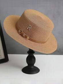 1pc Women's Metal R Letter Buckle Straw Hat, Casual Summer Sun Hat For Beach Vacation - Straw Hat - View 5