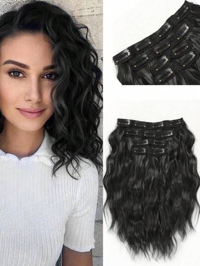 Extensões de Cabelo Sintético, 4 Peças Extensões de Cabelo Curto e Ondulado de 12" de Comprimento, Castanho, Tecido Invisível Natural e Suave para Mulheres