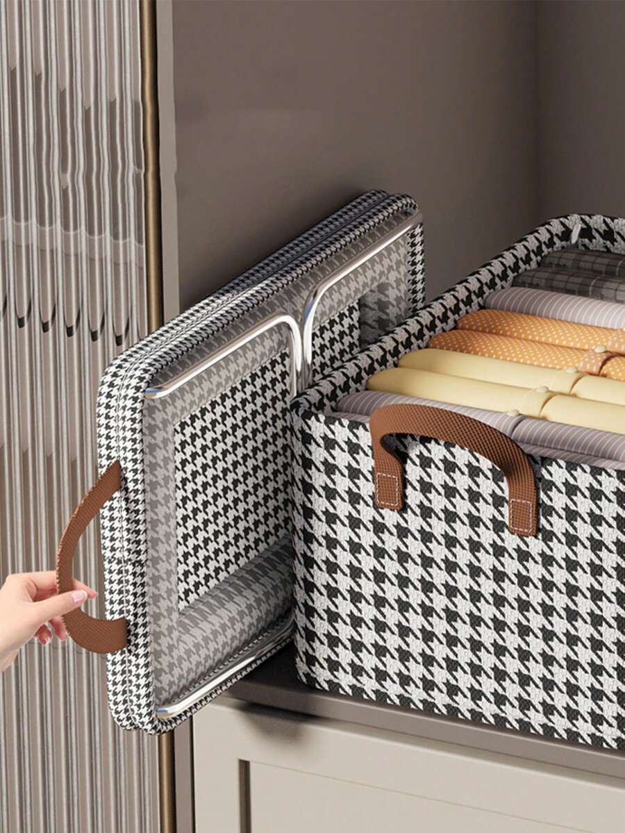 1pc Baby Clothes Storage Box Houndstooth Non-Woven Fabric Foldable Storage Basket For Clothes And Pants Organizing - Houndstooth - View 1