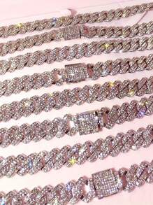 kuuioe 1pc 15mm Sparkling Chunky Chain Design Inlaid Shining Rhinestone Hip Hop Match Daily Outfits Party Decor - Silver - View 6