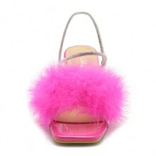 Womens Fluffy Heel Sandals Square Toe Clear Chunky High Heel Fuzzy Mules Double Rhinestone Strap Feather Furry Heels Wedding Evening Prom Party Dress Shoes - Màu Hồng Tươi - Xem 5