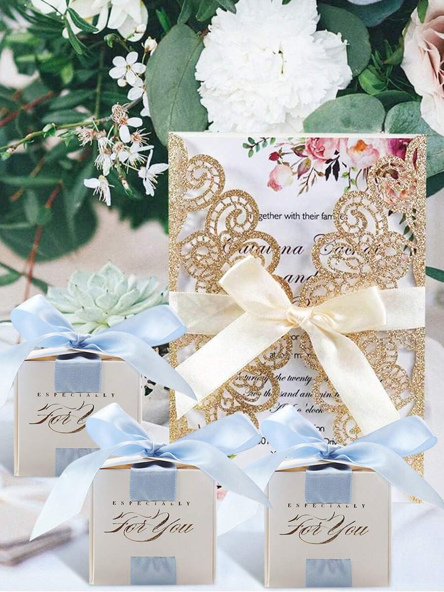 7pcs Wedding Gift Box Set With Hollow Gold Onion Pattern Invitation Card For Wedding Party Decor - Multicolor - View 1