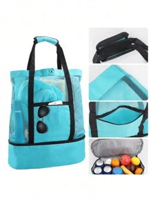 假期、休閒、極簡風格的雙層沙灘袋，輕巧便攜，多口袋，功能多樣的旅行袋，適用於節日/假期/假日，全配隔熱層的戶外包，適用於女孩、少女、男孩、少年、女士、男士，提升您的風格 - 藍色 - 查看 7