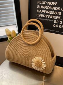 Bolso de paja informal con gran capacidad y diseño unicolor con decoración de flores, bolso de mano con asa superior, adecuado para vacaciones, al aire libre, viajes, playa, universidad/aula universitaria, mujeres, chicas y estudiantes universitarios