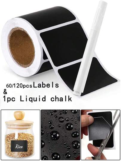 120/60 pezzi di etichette riutilizzabili per lavagna, impermeabili + 1 pennarello gesso liquido, adesivi per lavagna rimovibili, per barattoli di spezie, barattoli di vetro, decorazioni per feste, sale hobby, matrimoni, stoccaggio, bottiglie di vetro, forniture per la casa e la cucina
