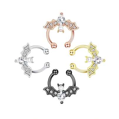 1Pc Fashion Cute 316L Stainless Steel Halloween Bat Fake Septum Nose Rings For Women Men,Clip On Pearl Bat Septum Rings Cubic Zirconia Non Piercing Septum Jewelry Suitable For Everyday Party Holiday Wear
