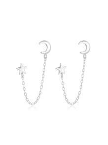 1 par Brincos de Argola Dupla Estrela de Lua Delicados de Prata Esterlina 925 com Corrente e Borlas, Joias Presentes para Mulheres, Uso Diário e em Festas de Casamento e Noivado