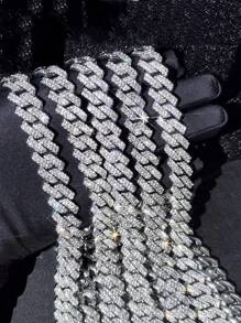 kuuioe 1pc 15mm Sparkling Chunky Chain Design Inlaid Shining Rhinestone Hip Hop Match Daily Outfits Party Decor - Silver - View 3
