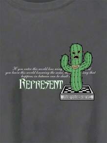 MURAMASA Camiseta con estampado de dibujos animados y letra de hombros caídos - Gris Oscuro - Ver 7