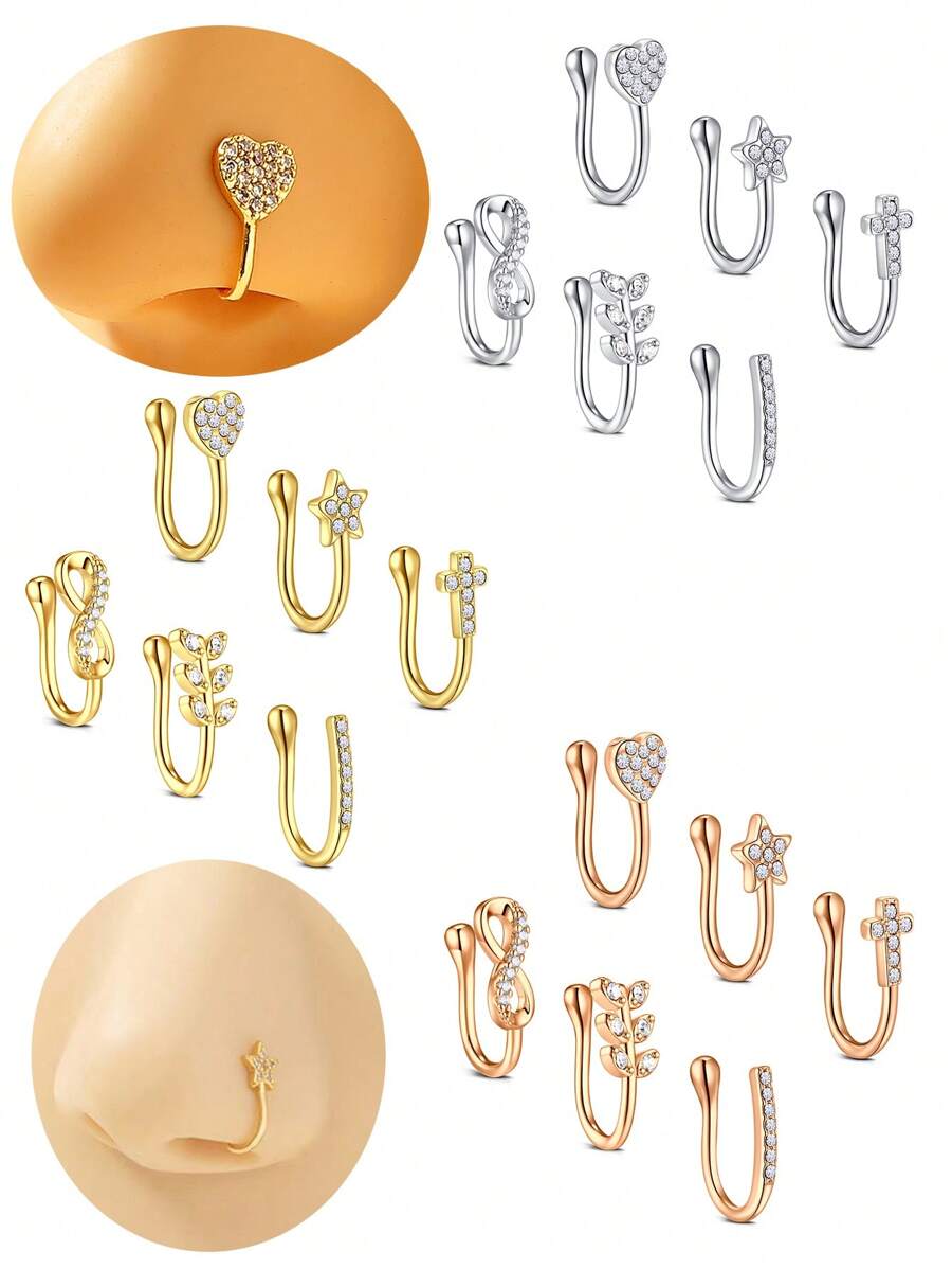 CIZME Set de 6 piezas de anillos falsos de nariz de acero inoxidable con diseño de taladro, hoja, amor y estrella, clip de nariz sin perforar joyería fácil de usar y cómoda de llevar sin perforación