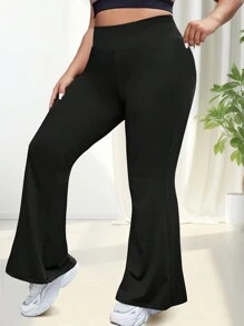 Plus Size High Waisted Solid Color Elastic Flared Sports Pants