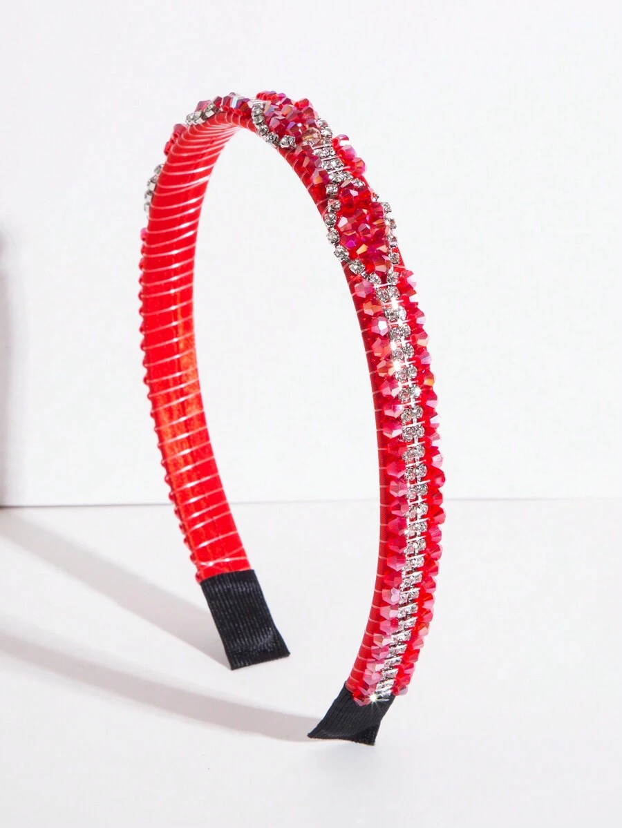 1入款女士薄邊水晶石裝飾韓版頭箍，簡約多用於洗臉、外出及造型頭飾 - 紅色 - 查看 1