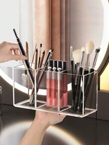 1pc Acrylic Brush Holder, Clear Plastic Cosmetic Brush Holder For Desk, Perfect Makeup Organizer Solution For Makeup Brushes, Pencils In Bathroom, Bedroom, Decor, Storage, Travel Essentials