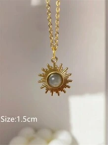 1個灰色天然石頸鏈，金色太陽造型，復古不鏽鋼珠寶，適合女士，新品禮物