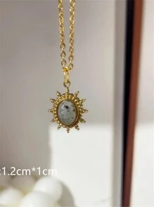 1個灰色天然石頸鏈，金色太陽造型，復古不鏽鋼珠寶，適合女士，新品禮物