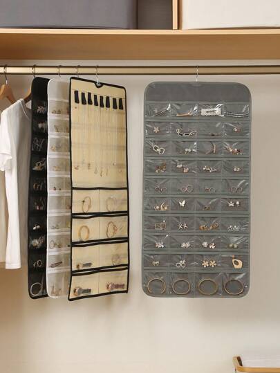 1PC 2pcsC Hanging Jewelry Organizer, Double Sided 80 Pocket Jewelry Chain Storage Bag 2 Layer Of Fabric Jewelry Organizer Holder For Necklace Bracelet Earring Ring Chain Knitting