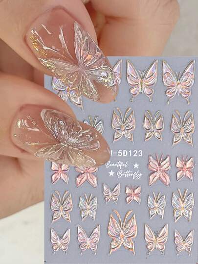 1入組5D逼真蝴蝶指甲貼紙，雷射幻彩立體蝴蝶貼紙，指甲藝術裝飾美甲飾品貼紙DIY