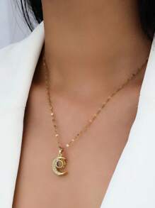 1 pieza Collar de acero inoxidable con diseño de estrella y luna con "Te amo" en 100 idiomas, sin caja de regalo - Amarillo Oro - Ver 5