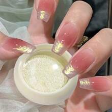 1包美人鱼珍珠粉黄珠光指甲粉，铬粉全息激光指甲粉颜料，适用于凝胶指甲油装饰，闪亮亮片指甲粉，配有双头眼影刷，用于美甲艺术 - 芥末黃 - 查看 3