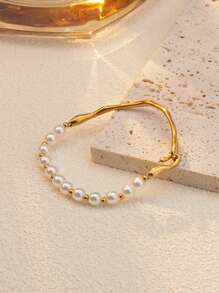 1pc Elegant Vintage Style Stainless Steel Bead Decor Bracelet, Suitable For Women To Wear At Banquets, Weddings Or As Valentine's Day Gift,Mom,Mother,Mother's Day,Gift