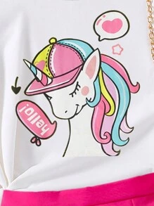 Blusa de manga curta com estampa de unicórnio para meninas e saia-calça com laço liso