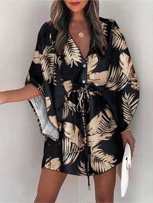 Vestido resort informal con cuello en V y mangas murciélago - Negro - Ver 6