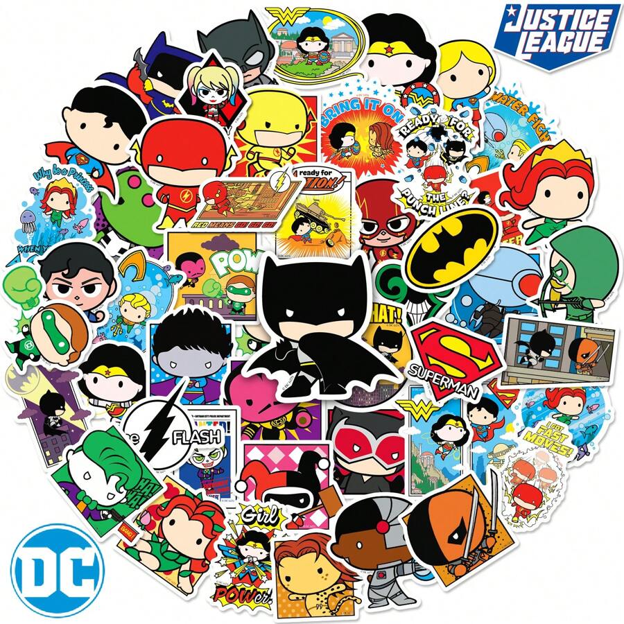 Justice League 50张DC漫画正义联盟防水卡通贴纸，适用于笔记本电脑、水瓶、滑板、吉他、行李箱、手机壳、窗户装饰涂鸦贴纸，成人及教师适用[官方授权] - 彩色 - 查看 1
