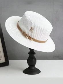 1pc Women's Metal R Letter Buckle Straw Hat, Casual Summer Sun Hat For Beach Vacation - Straw Hat - View 10
