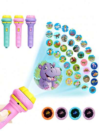 32种图案4张卡片/一个手电筒儿童睡前发光手电筒玩具早教认知恐龙动物海洋多数字水果多种图案投影手电筒益智玩具