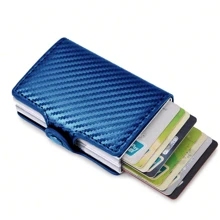 RFID 铝制双层扣男士卡包小卡钱包碳纤维皮革超薄迷你钱包优质男士钱包,黑色卡包零钱包钱包必备物品男士礼物个性化礼物男士圣诞礼物送给男朋友的礼物信用卡皮包男士智能钱包情人节礼物 - 黑色 - 查看 18