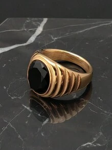 Men Jewelry Gold 18K Plated 316 Stainless Steel Fashion Solid High Quality Black Stone Rings