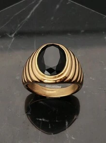 Men Jewelry Gold 18K Plated 316 Stainless Steel Fashion Solid High Quality Black Stone Rings