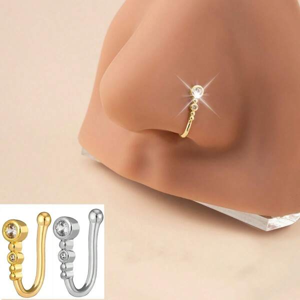 1 pieza Conjunto minimalista y con estilo Clip de nariz en forma de U incrustado con cobre y circonita, Clip de nariz sin perforación, Pendiente de nariz para mujeres, Regalo de cumpleaños encantador