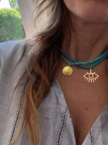 1 pièce Collier bohème naturel avec tournesol turquoise pour femme, chaîne de perles faite main, cadeau en corde de perle - Collier empilable de perles turquoise - Voir 4