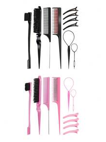 Set de 10 peines para peinado que incluye peine para cardado, peine triple para cardado, peine con cola para peinar los bordes, cepillo de bordes, herramienta de trenzado con lazo y clips para el cabello para las mujeres, niñas y estilistas de cabello para trenzar y peinar hacia atrás,herramientas para el cabello - Multicolor - Ver 1