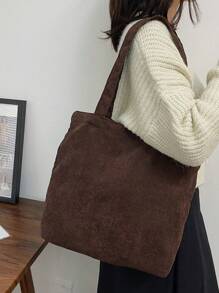 1 件休闲纯色灯芯绒简约可折叠单肩手提包，适合购物和日常使用，秋冬新款大容量单肩托特包，秋冬新款女包，最佳秋季钱包，完美搭配秋季服装女士秋季服装女士 - 咖啡棕 - 查看 3
