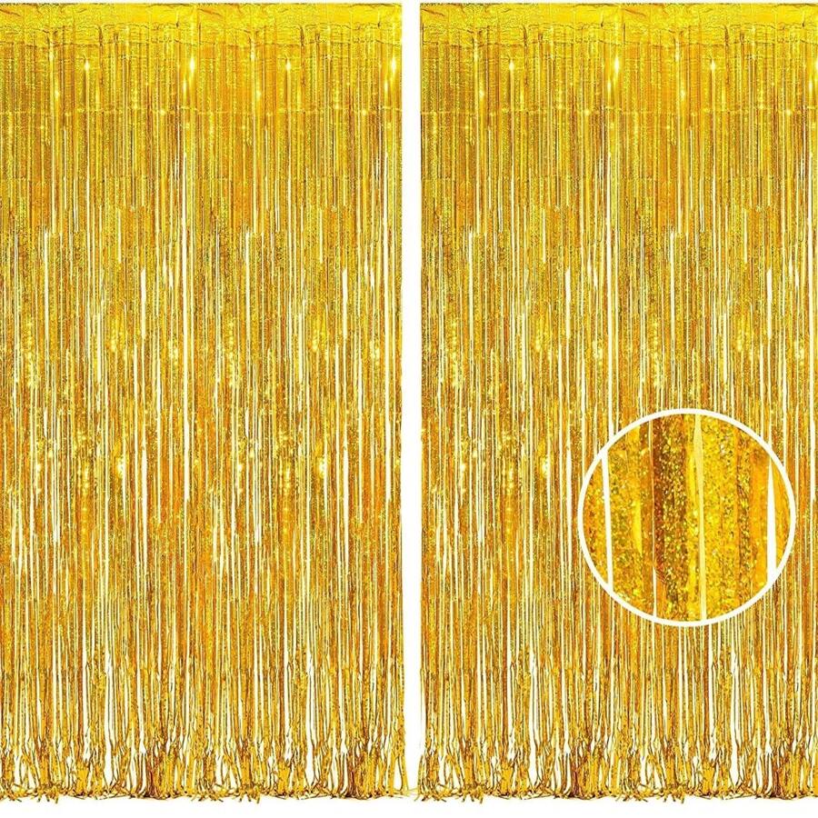 1pc 1*2m Metallic Foil Fringe Curtains Metallic Tinsel Photo Booth Streamers Backdrop For Birthdays, Stranger Theme, Music, Prom, Christmas Party Decorations - Vàng - Xem 1
