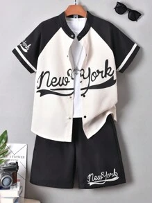 Vihyde Tween Boy Letter Printed Stand Collar Four-Button Color Block Short Sleeve Shirt & Shorts Casual Holiday Summer Outfit - Apricot - View 1