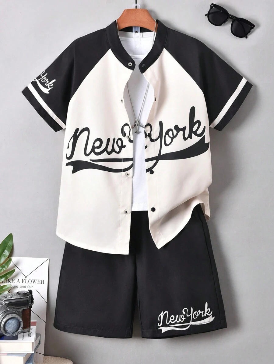 Vihyde Tween Boy Letter Printed Stand Collar Four-Button Color Block Short Sleeve Shirt & Shorts Casual Holiday Summer Outfit - Apricot - View 1