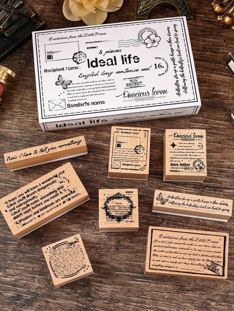 8入組復古風格木製印章套裝，藝術手寫設計，英文遠足記錄系列，適用於日記，剪貼簿，卡片和多功能裝飾 - 理想生活 - 查看 1