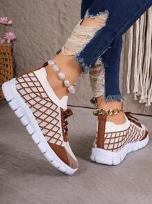 Women's New Fashion Casual Sports Walking Shoes, Mesh Upper Slip-On Elastic Knit Wedge Heel Sock Sneakers, Lightweight Comfortable Outdoor Running Shoes - Brown - View 7