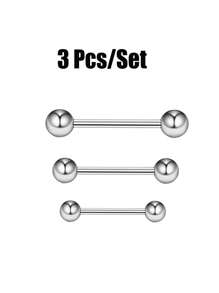 3pcs Fashionable Straight Barbell Tongue Rings With Double Round Balls Body Piercing Jewelry, Unisex